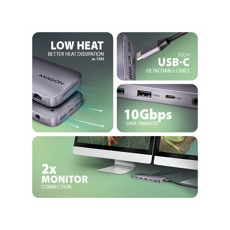 AXAGON HMC-12GM2, USB 10Gbps húb, 3x USB-A, USB-C, HDMI, DP, RJ-45 GLAN, M.2, SD/mSD, audio, PD