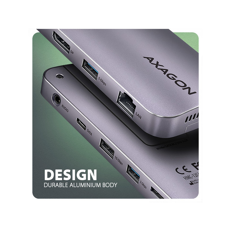 AXAGON HMC-12GM2, USB 10Gbps húb, 3x USB-A, USB-C, HDMI, DP, RJ-45 GLAN, M.2, SD/mSD, audio, PD