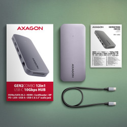 AXAGON HMC-12GM2, USB 10Gbps húb, 3x USB-A, USB-C, HDMI, DP, RJ-45 GLAN, M.2, SD/mSD, audio, PD