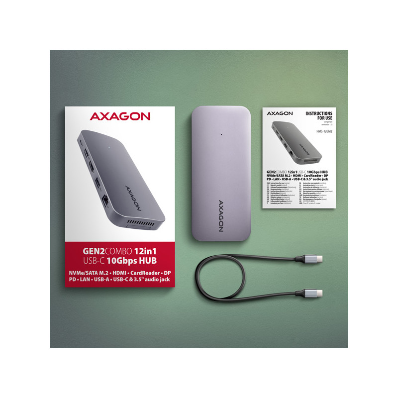 AXAGON HMC-12GM2, USB 10Gbps húb, 3x USB-A, USB-C, HDMI, DP, RJ-45 GLAN, M.2, SD/mSD, audio, PD