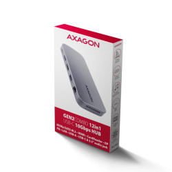 AXAGON HMC-12GM2, USB 10Gbps húb, 3x USB-A, USB-C, HDMI, DP, RJ-45 GLAN, M.2, SD/mSD, audio, PD