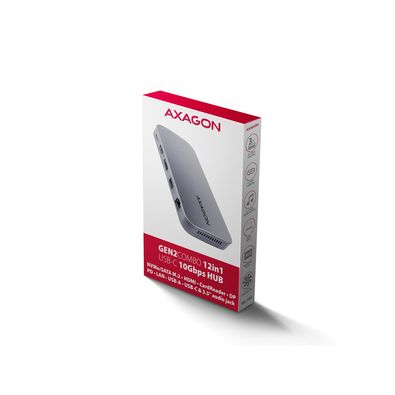 AXAGON HMC-12GM2, USB 10Gbps húb, 3x USB-A, USB-C, HDMI, DP, RJ-45 GLAN, M.2, SD/mSD, audio, PD