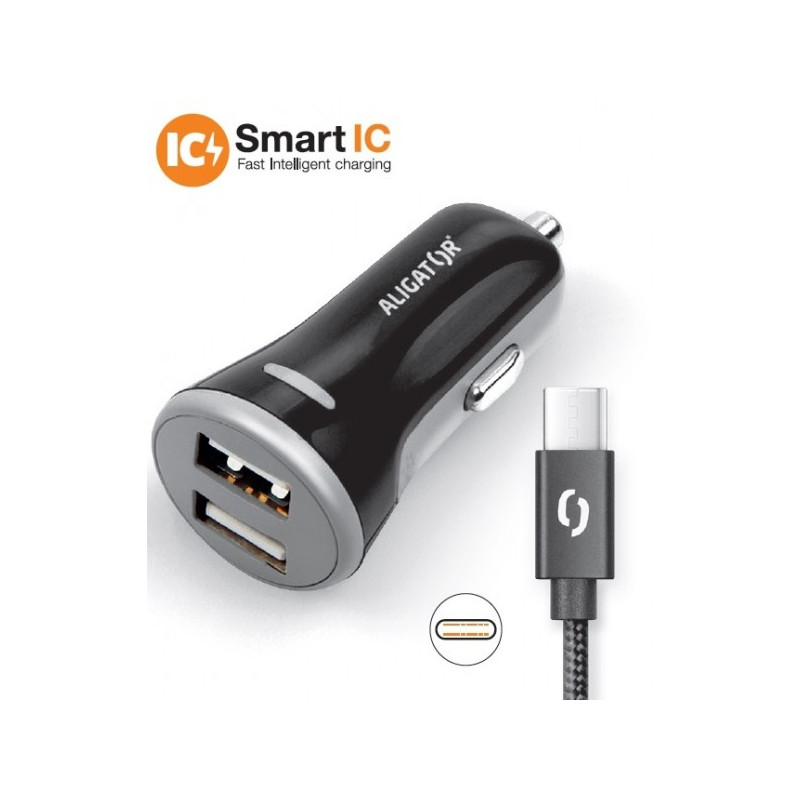 ALIGATOR Chytrá nabíjačka do auta 3.4A, 2xUSB, smart IC, čierna, USB-C kábel