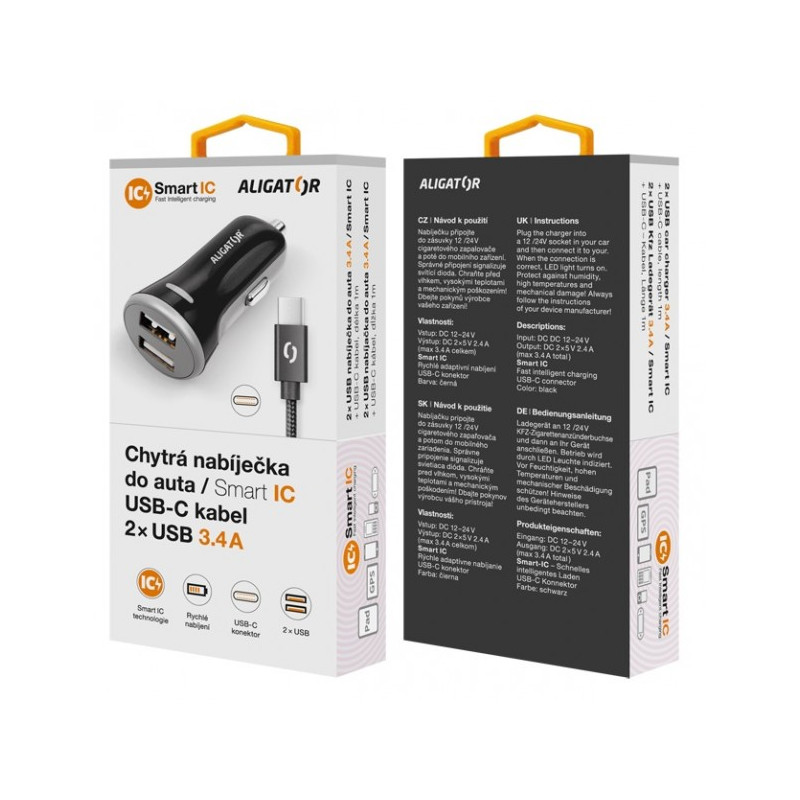 ALIGATOR Chytrá nabíjačka do auta 3.4A, 2xUSB, smart IC, čierna, USB-C kábel