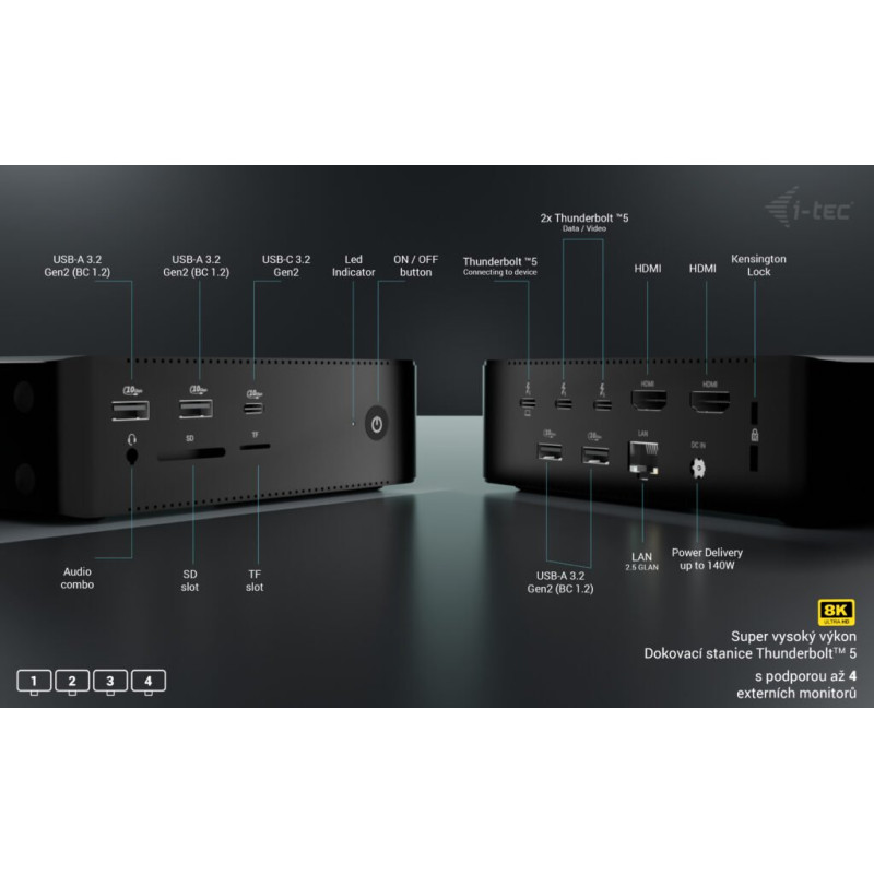 i-tec Thunderbolt5 Quattro Display Docking Station, 5x USB, 2.5 GLAN, Power Delivery 140W