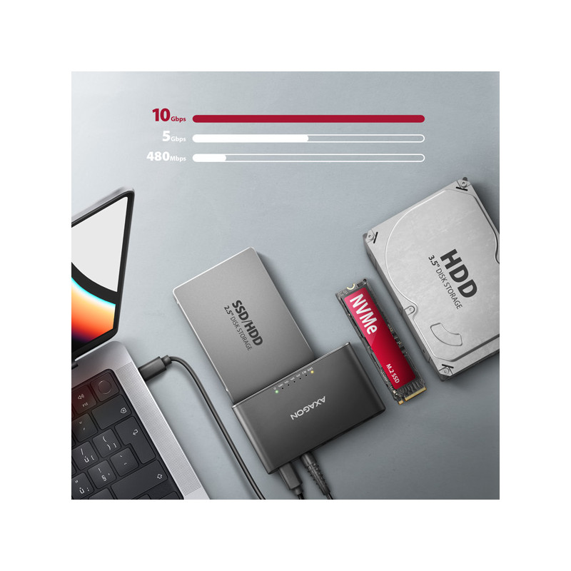 AXAGON ADSA-CC USB-C 10 Gbps - NVMe M.2 SSD & SATA 2.5''/3.5'' SSD/HDD CLONE MASTER 2
