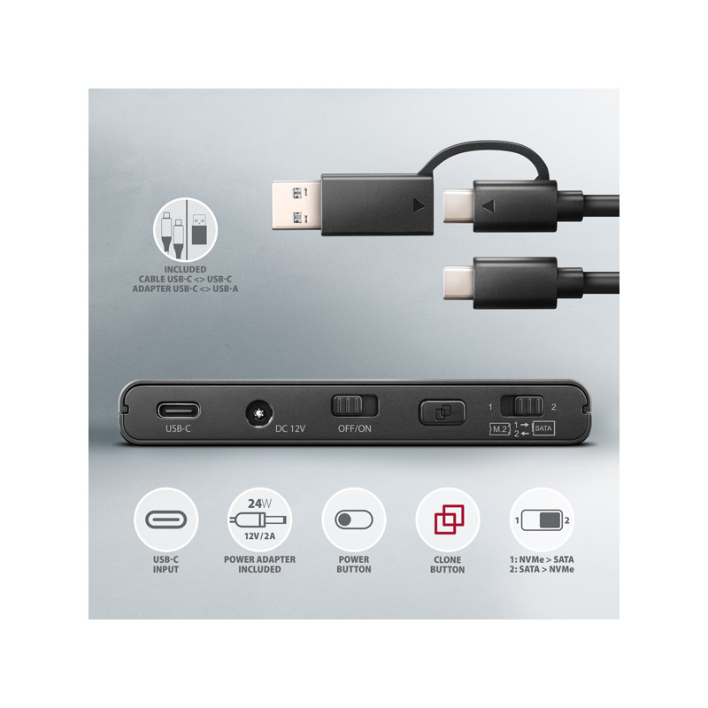 AXAGON ADSA-CC USB-C 10 Gbps - NVMe M.2 SSD & SATA 2.5''/3.5'' SSD/HDD CLONE MASTER 2
