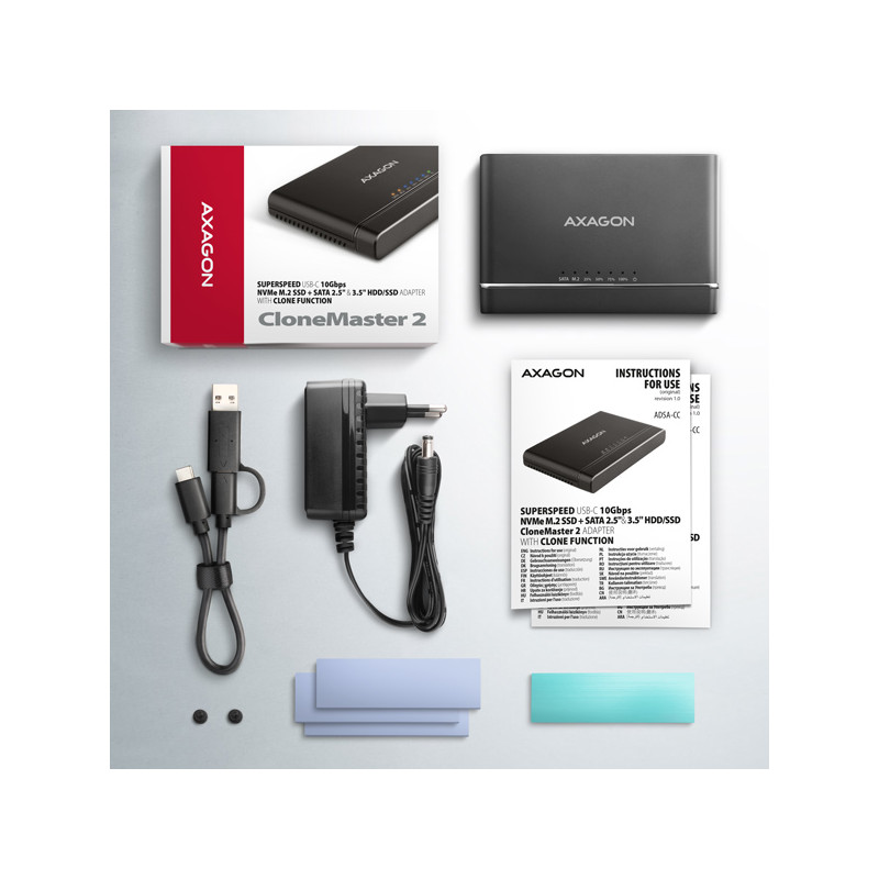 AXAGON ADSA-CC USB-C 10 Gbps - NVMe M.2 SSD & SATA 2.5''/3.5'' SSD/HDD CLONE MASTER 2