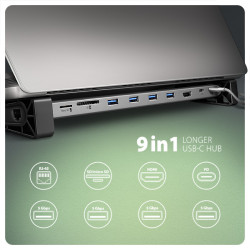 AXAGON HMC-10HLS, USB 5Gbps húb, 4x USB-A, HDMI 4k/60Hz, RJ-45 GLAN, SD/mSD, PD 100W, kábel 25cm