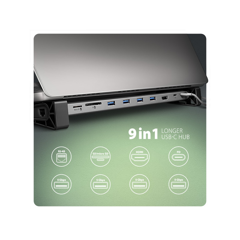 AXAGON HMC-10HLS, USB 5Gbps húb, 4x USB-A, HDMI 4k/60Hz, RJ-45 GLAN, SD/mSD, PD 100W, kábel 25cm