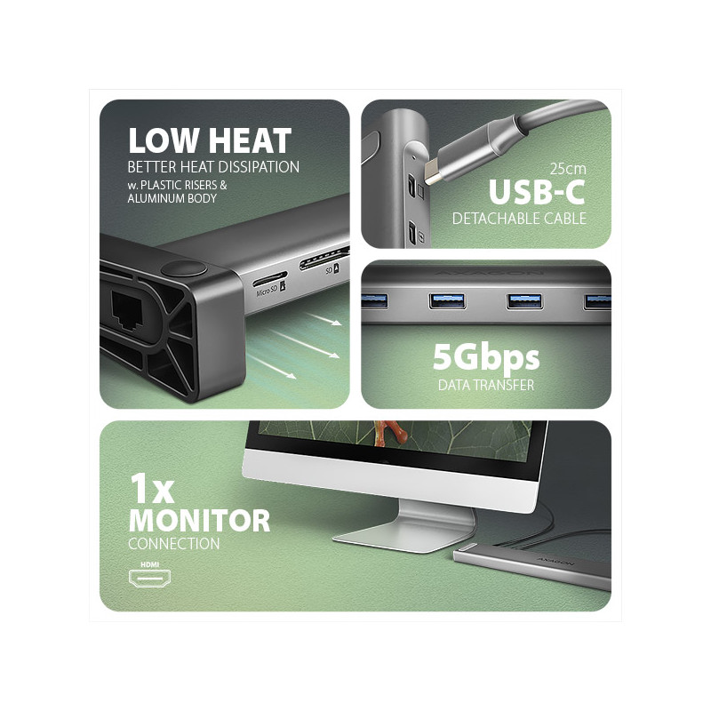 AXAGON HMC-10HLS, USB 5Gbps húb, 4x USB-A, HDMI 4k/60Hz, RJ-45 GLAN, SD/mSD, PD 100W, kábel 25cm