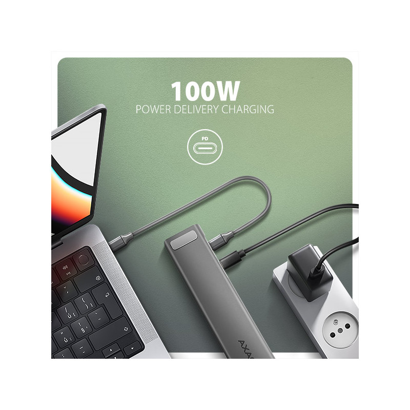AXAGON HMC-10HLS, USB 5Gbps húb, 4x USB-A, HDMI 4k/60Hz, RJ-45 GLAN, SD/mSD, PD 100W, kábel 25cm