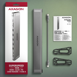 AXAGON HMC-10HLS, USB 5Gbps húb, 4x USB-A, HDMI 4k/60Hz, RJ-45 GLAN, SD/mSD, PD 100W, kábel 25cm
