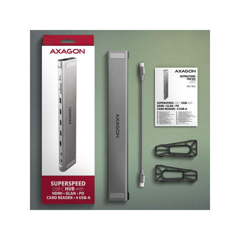 AXAGON HMC-10HLS, USB 5Gbps húb, 4x USB-A, HDMI 4k/60Hz, RJ-45 GLAN, SD/mSD, PD 100W, kábel 25cm