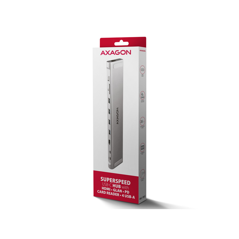 AXAGON HMC-10HLS, USB 5Gbps húb, 4x USB-A, HDMI 4k/60Hz, RJ-45 GLAN, SD/mSD, PD 100W, kábel 25cm