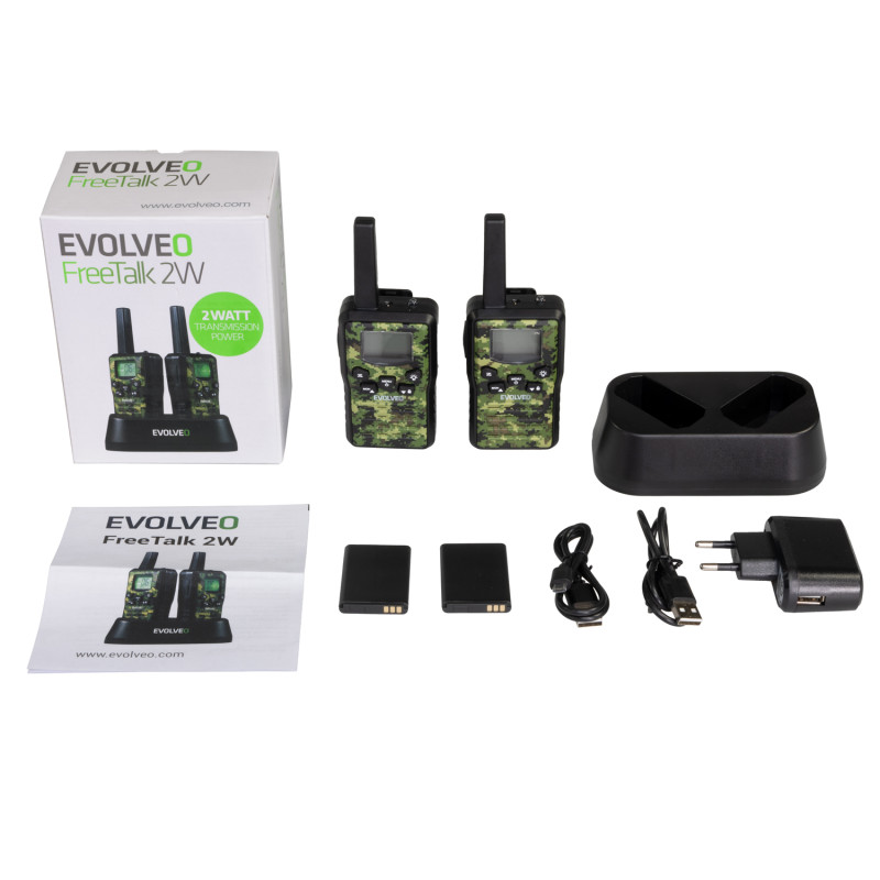 EVOLVEO FreeTalk 2W, PMR vysielačka s výkonom 0,5 a 2W, poľovnícka kamufláž