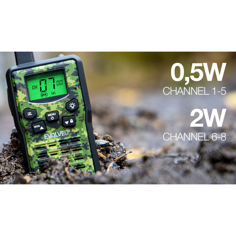 EVOLVEO FreeTalk 2W, PMR vysielačka s výkonom 0,5 a 2W, poľovnícka kamufláž