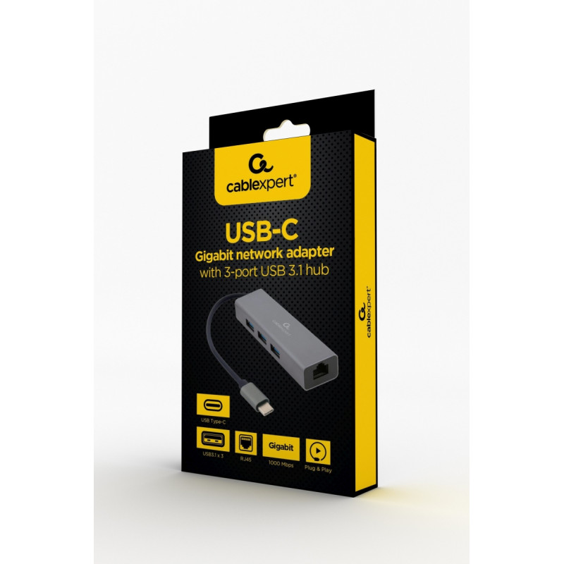 Gembird USB-C GBit adaptér + 3x USB 3.1
