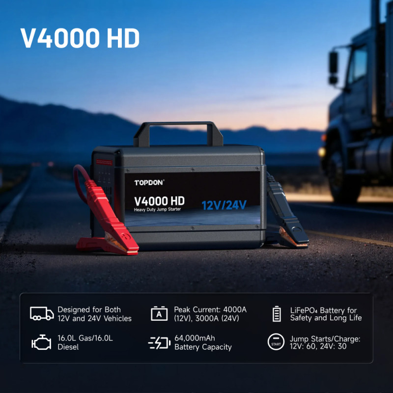 VIKING - TOPDON Car Jump Starter V4000 HD/3000A (24V)/4000A (12V)/24000mAh/16l benzín/16l diesel/LED svetlo |
