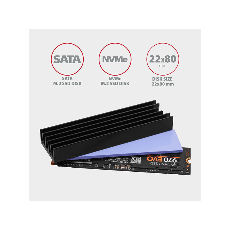 AXAGON CLR-M2L10, hliníkový pasívny chladič pre M.2 2280 SSD, výška 10 mm