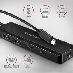 AXAGON HUE-C2C, 4× USB 5Gbps TRAVEL húb, 2× USB-A + 2× USB-C, USB-C napájanie, kábel USB-C 19cm