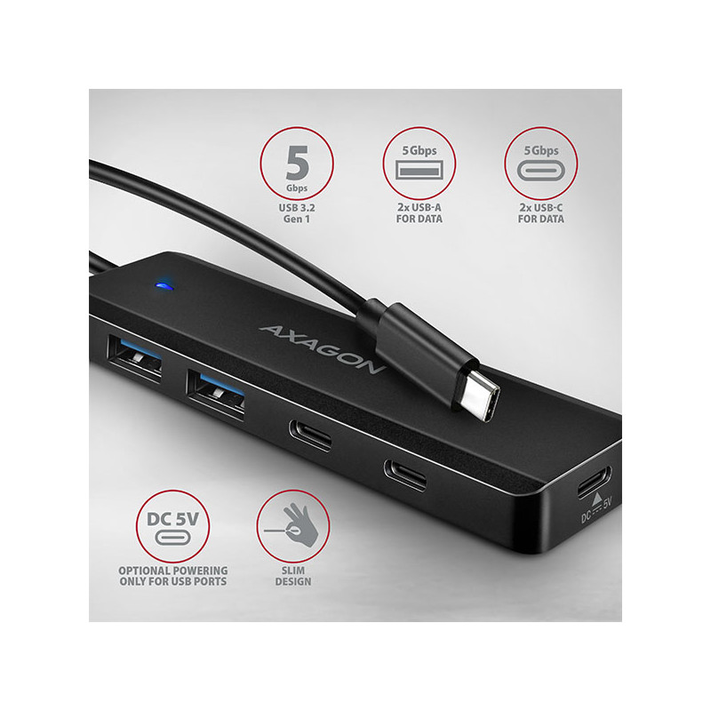 AXAGON HUE-C2C, 4× USB 5Gbps TRAVEL húb, 2× USB-A + 2× USB-C, USB-C napájanie, kábel USB-C 19cm