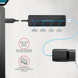 AXAGON HUE-C2C, 4× USB 5Gbps TRAVEL húb, 2× USB-A + 2× USB-C, USB-C napájanie, kábel USB-C 19cm