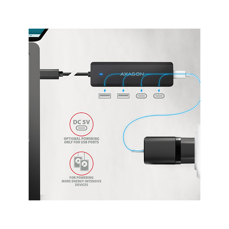 AXAGON HUE-C2C, 4× USB 5Gbps TRAVEL húb, 2× USB-A + 2× USB-C, USB-C napájanie, kábel USB-C 19cm