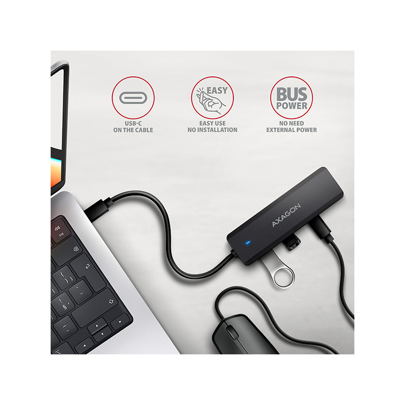 AXAGON HUE-C2C, 4× USB 5Gbps TRAVEL húb, 2× USB-A + 2× USB-C, USB-C napájanie, kábel USB-C 19cm