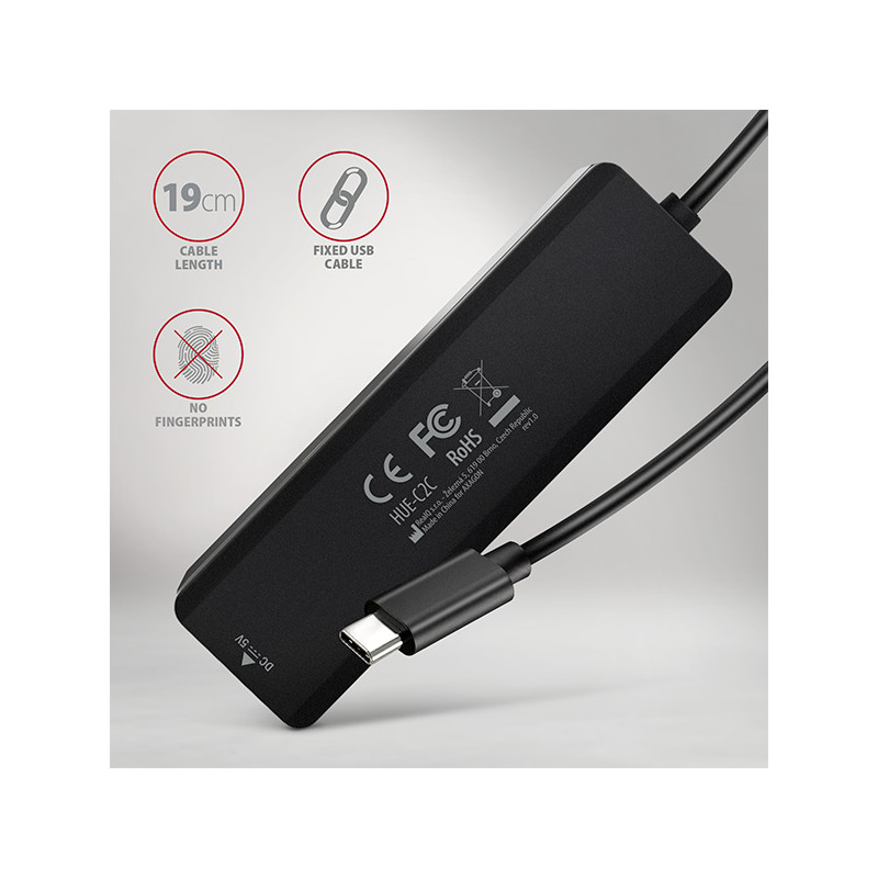 AXAGON HUE-C2C, 4× USB 5Gbps TRAVEL húb, 2× USB-A + 2× USB-C, USB-C napájanie, kábel USB-C 19cm