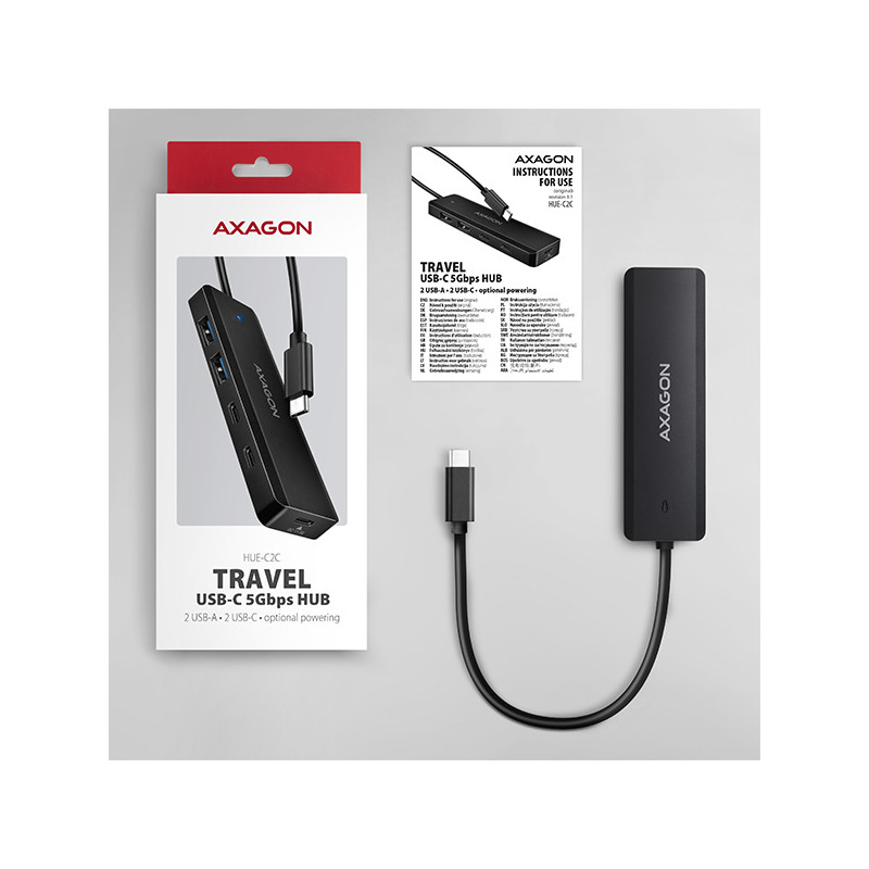 AXAGON HUE-C2C, 4× USB 5Gbps TRAVEL húb, 2× USB-A + 2× USB-C, USB-C napájanie, kábel USB-C 19cm