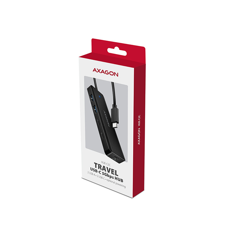 AXAGON HUE-C2C, 4× USB 5Gbps TRAVEL húb, 2× USB-A + 2× USB-C, USB-C napájanie, kábel USB-C 19cm
