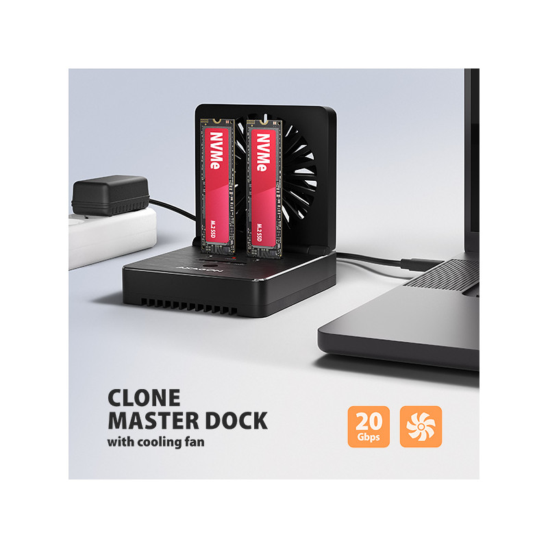 AXAGON ADSA-M2C22, USB-C 20Gbps dokovacia stanica pre 2× M.2 NVMe/SATA SSD s funkciou klonovania
