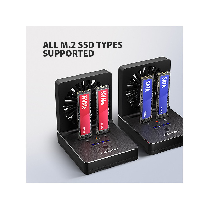 AXAGON ADSA-M2C22, USB-C 20Gbps dokovacia stanica pre 2× M.2 NVMe/SATA SSD s funkciou klonovania