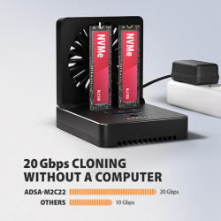 AXAGON ADSA-M2C22, USB-C 20Gbps dokovacia stanica pre 2× M.2 NVMe/SATA SSD s funkciou klonovania
