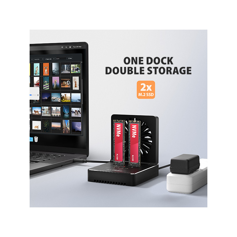 AXAGON ADSA-M2C22, USB-C 20Gbps dokovacia stanica pre 2× M.2 NVMe/SATA SSD s funkciou klonovania