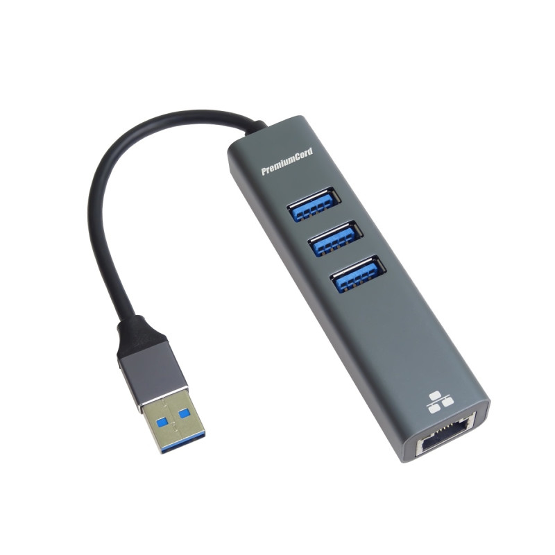 PremiumCord Adapter USB3.0 - RJ45 + 3x USB 3.0