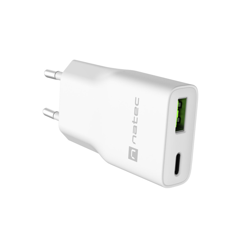 Univerzálna nabíjačka USB Natec RIBERA GaN SLIM, 20 W, 1X USB-A + 1X USB-C, Biela