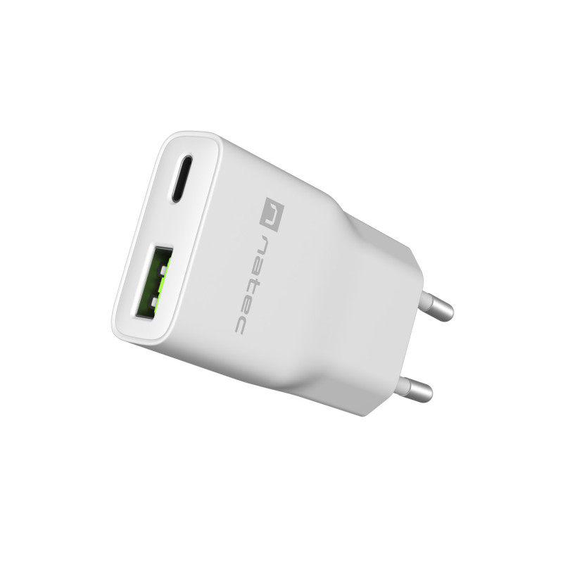 Univerzálna nabíjačka USB Natec RIBERA GaN SLIM, 20 W, 1X USB-A + 1X USB-C, Biela