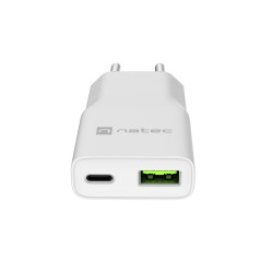 Univerzálna nabíjačka USB Natec RIBERA GaN SLIM, 20 W, 1X USB-A + 1X USB-C, Biela