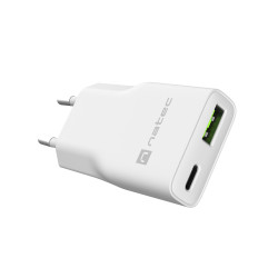 Univerzálna nabíjačka USB Natec RIBERA GaN SLIM, 20 W, 1X USB-A + 1X USB-C, Biela