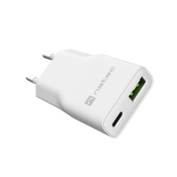 Univerzálna nabíjačka USB Natec RIBERA GaN SLIM, 20 W, 1X USB-A + 1X USB-C, Biela