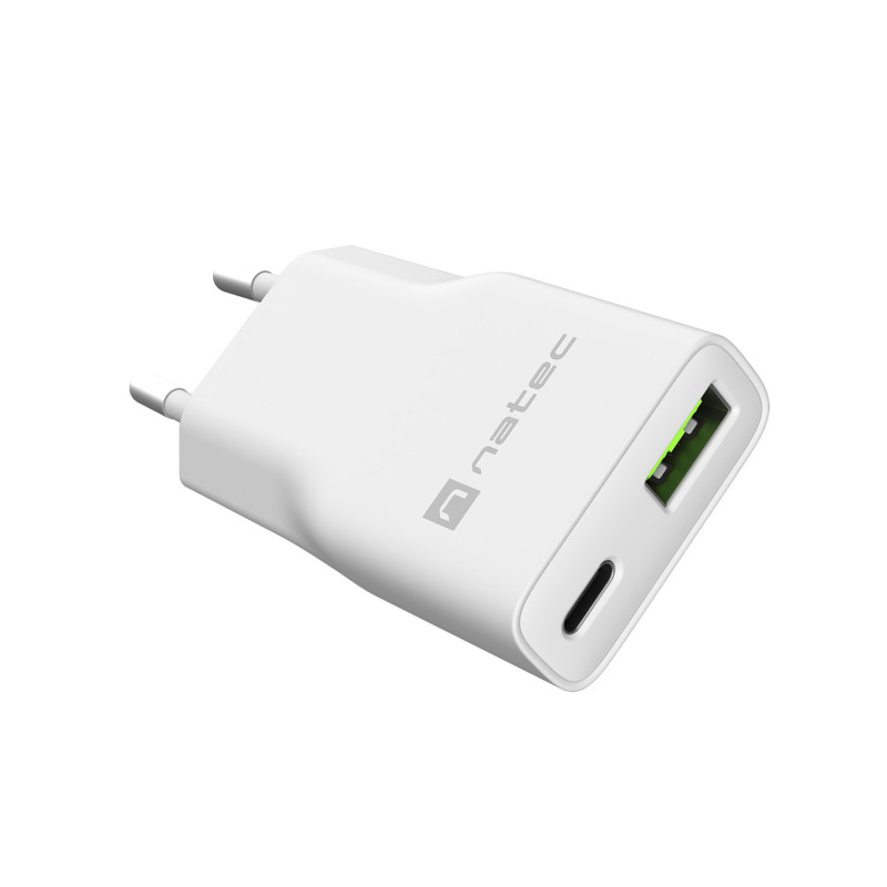 Univerzálna nabíjačka USB Natec RIBERA GaN SLIM, 20 W, 1X USB-A + 1X USB-C, Biela