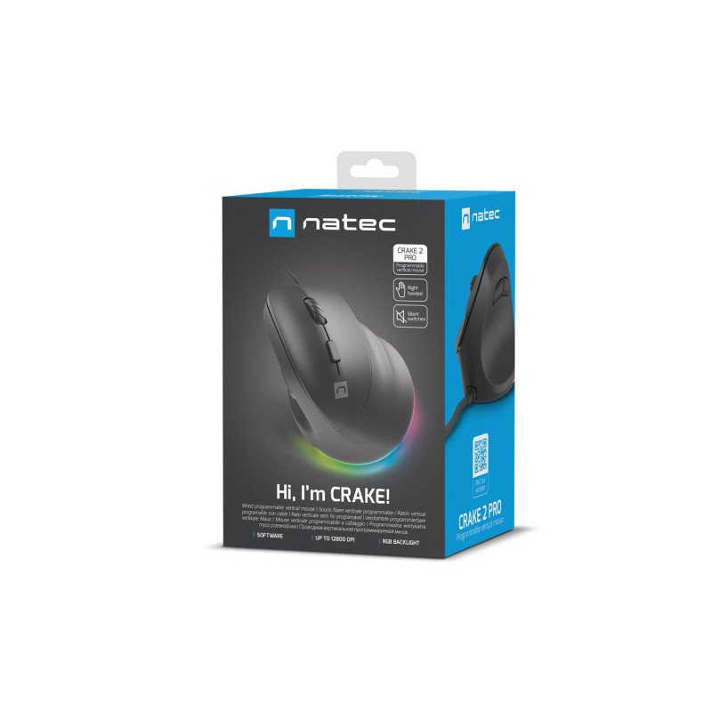 Vertikálna myš Natec CRAKE 2 PRO/Vertikálna/Optická/Pre pravákov/12 400 DPI/Drôtové USB-A/Čierna