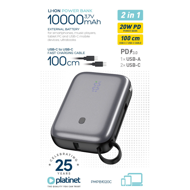 FELLOWES - Platinet Powerbanka 10000 mAh 20W Power Delivery, 2xUSB-C, 1xUSB-A, kábel USB-C 1m, čierna