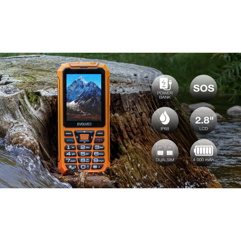 EVOLVEO StrongPhone Z6, IP68 odolný Dual SIM telefón, 2,8'' LCD, 4000mAh, Powerbanka,, oranžový