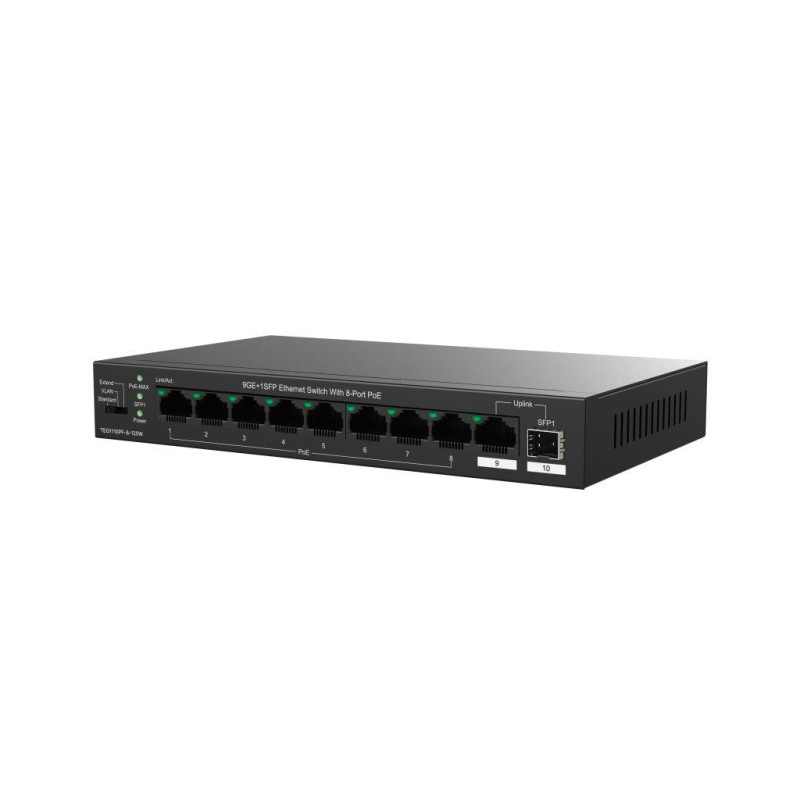 Tenda TEG1110PF-8-120W PoE+ AT switch 8xPoE 802.3af/at + Uplink RJ45 + SFP port, 110W, PoE+, fanless