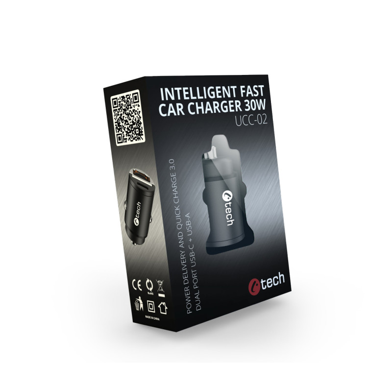 Nabíjačka USB do auta C-TECH UCC-02, 1x Type C + 1x Type A, 30W, Power delivery 3.0, Quick Charge