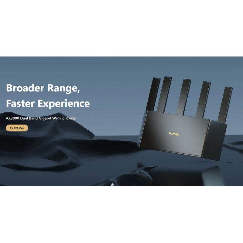 Tenda TX12L Pre AX3000 WiFi 6 Mesh Router, 1x GWAN, 3x GLAN, IPv6, 5x 6dBi, WPA 3, SK app