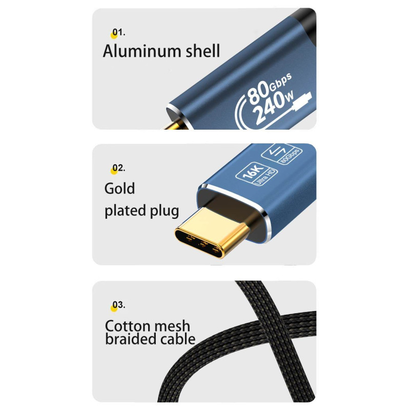 PremiumCord USB4™ Version2.0 80Gbps 16K@60Hz 240W Thunderbolt 3 a 4 kábel zahnutý 0,8m